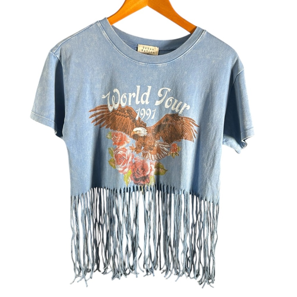 Urban Nation Fringe Cropped Graphic T-shirt Women's Medium Blue Festival
